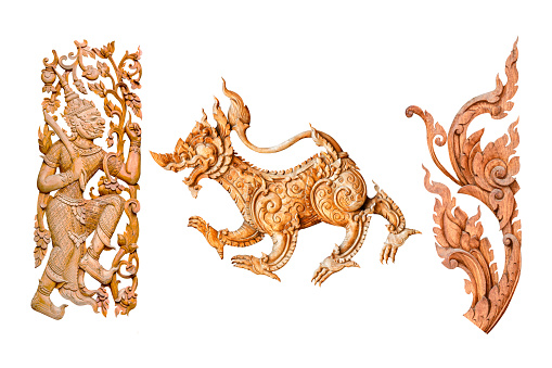Traditional thai style pattern lion or singha and king of giant, flower wood carve on white background