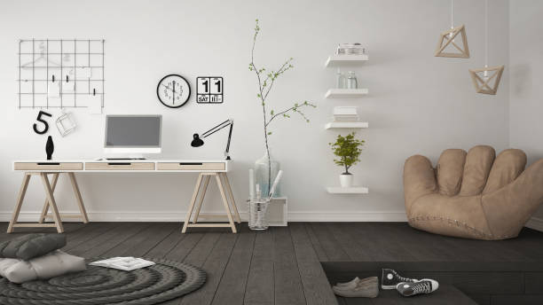istock Residential multifunctional room with home office, workplace, scandinavian minimalist interior design 652854800