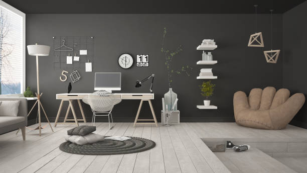 istock Residential multifunctional loft with home office workplace, scandinavian minimalist interior design 652855222