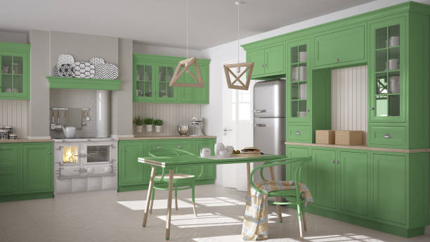 istock Scandinavian classic kitchen with wooden and green details, minimalistic interior design 652858202