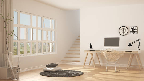 istock Scandinavian home office, loft workplace, minimalist interior design 652858272