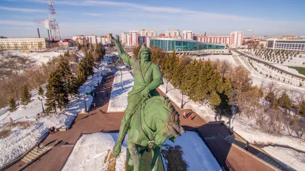 Photo of Monument to Salavat Yulaev in Ufa at winter aerial view