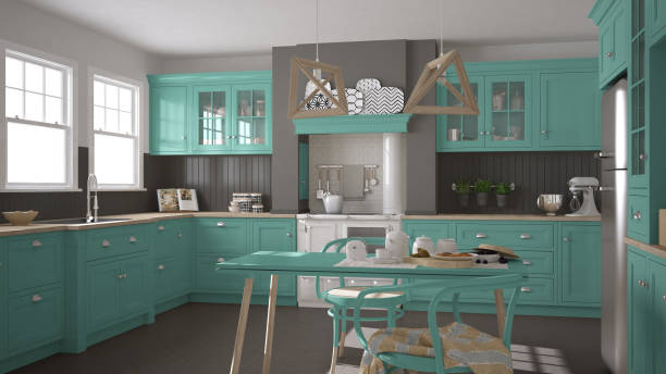 istock Scandinavian classic kitchen with wooden and turquoise details, minimalistic interior design 652867828