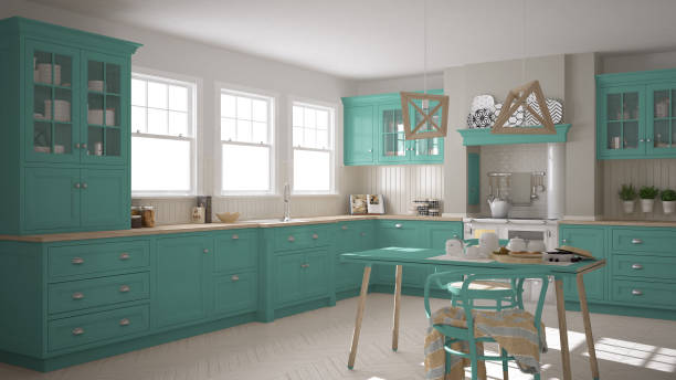istock Scandinavian classic kitchen with wooden and turquoise details, minimalistic interior design 652867914