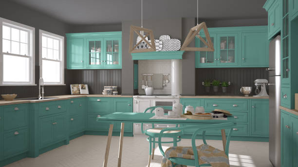 istock Scandinavian classic kitchen with wooden and turquoise details, minimalistic interior design 652868046