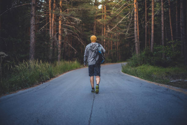istock Backpacker walks alone by the road in forest 652872354