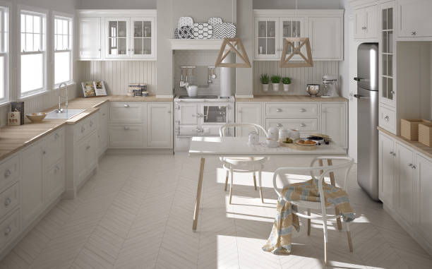 istock Scandinavian classic white kitchen with wooden details, minimalistic interior design 652872416