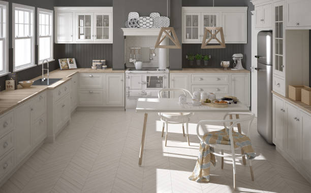 istock Scandinavian classic white kitchen with wooden details, minimalistic interior design 652872812