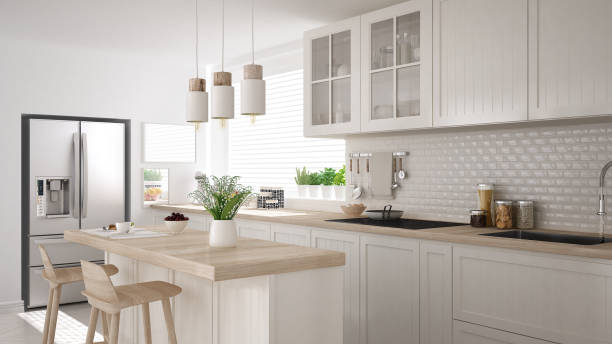 istock Scandinavian classic kitchen with wooden and white details, minimalistic interior design 652878484