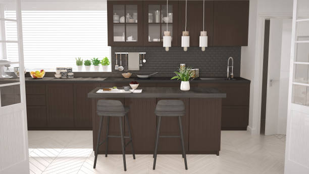 istock Scandinavian classic kitchen with wooden and brown details, minimalistic interior design 652878854