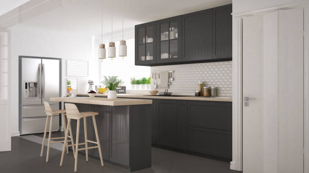 istock Scandinavian classic kitchen with wooden and gray details, minimalistic interior design 652883004