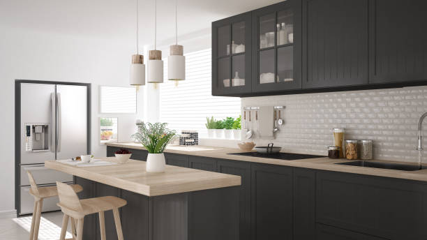 istock Scandinavian classic kitchen with wooden and gray details, minimalistic interior design 652883210