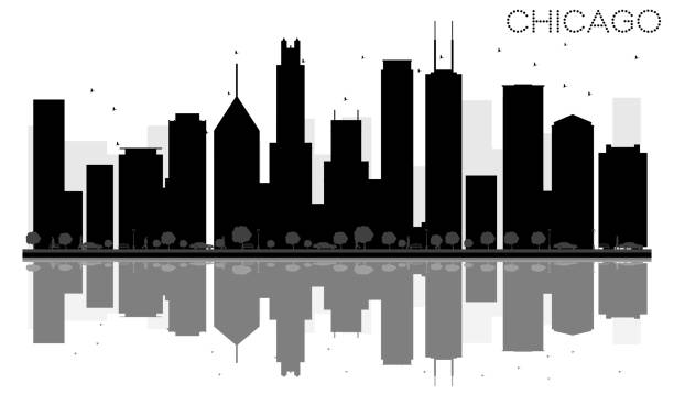 чикаго сити горизонт черно-белый силуэт с отражениями. - chicago black and white contemporary tower stock illustrations