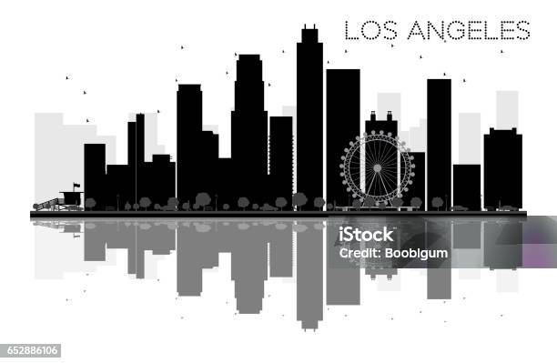 Los Angeles City Skyline Black And White Silhouette With Reflection Stock Illustration - Download Image Now