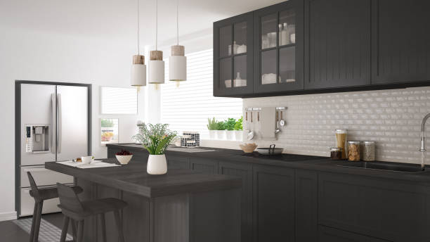 istock Scandinavian classic kitchen with wooden and gray details, minimalistic interior design 652886120