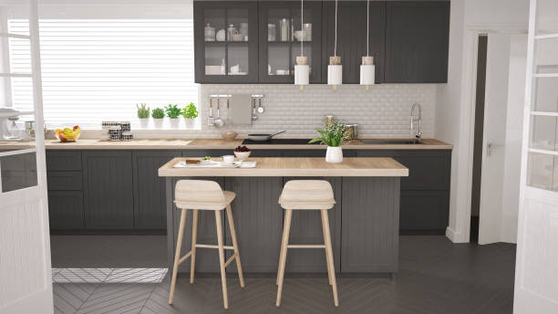 istock Scandinavian classic kitchen with wooden and gray details, minimalistic interior design 652886358
