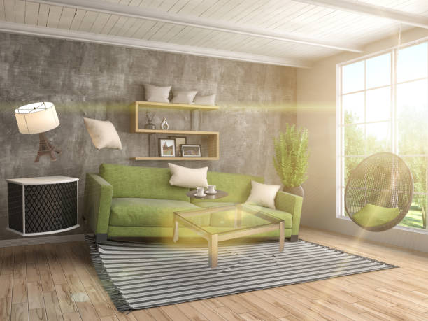 istock Zero Gravity furniture hovering in living room. 3D Illustration 652890066