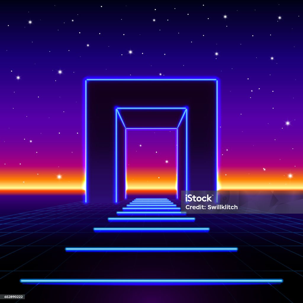 Neon 80s styled massive gate in retro game landscape with shiny road to the future Neon 80s styled massive gate in retro game landscape with shiny road Door stock vector