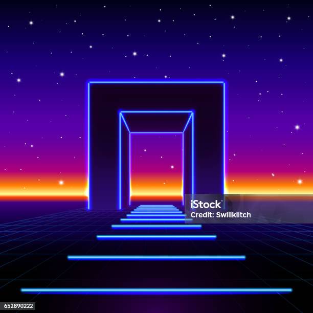 Neon 80s Styled Massive Gate In Retro Game Landscape With Shiny Road To The Future Stock Illustration - Download Image Now