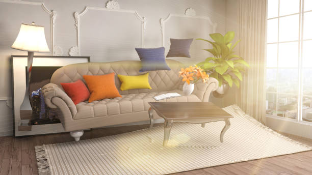 istock Zero Gravity furniture hovering in living room. 3D Illustration 652890282