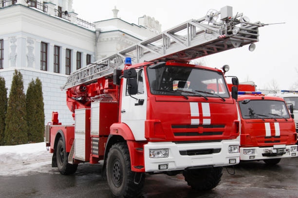 istock Fire truck - big red Russian fire fighting vehicle 652893378
