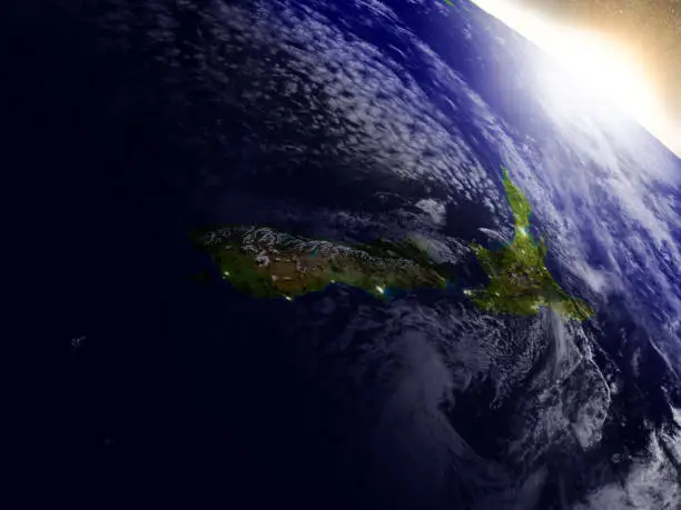 New Zealand region from Earth's orbit in space during sunrise. 3D illustration with highly detailed realistic planet surface. 3D model of planet created and rendered in Cheetah3D software, 8 Mar 2017. Some layers of planet surface use textures furnished by NASA, Blue Marble collection: http://visibleearth.nasa.gov/view_cat.php?categoryID=1484
