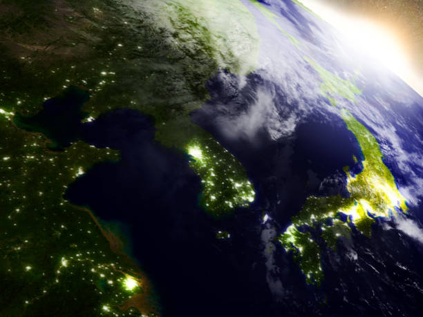 South Korean and North Korea from space during sunrise South Korean and North Korea region from Earth's orbit in space during sunrise. 3D illustration with highly detailed realistic planet surface. 3D model of planet created and rendered in Cheetah3D software, 8 Mar 2017. Some layers of planet surface use textures furnished by NASA, Blue Marble collection: http://visibleearth.nasa.gov/view_cat.php?categoryID=1484 peninsula stock pictures, royalty-free photos & images