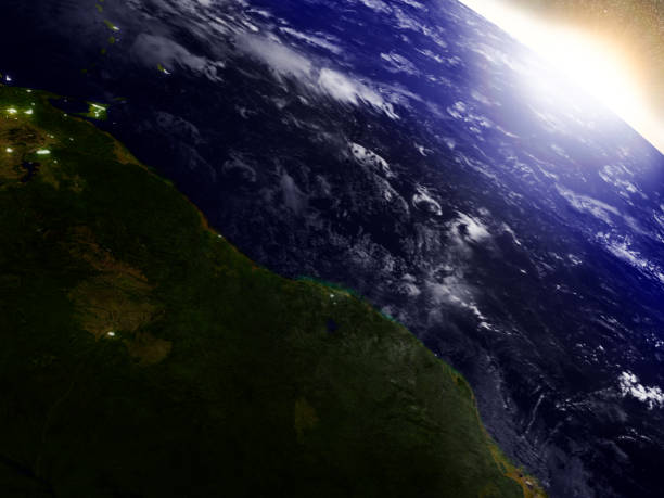 istock Guynea and Suriname from space during sunrise 652893444