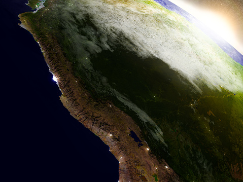 Peru region from Earth's orbit in space during sunrise. 3D illustration with highly detailed realistic planet surface. 3D model of planet created and rendered in Cheetah3D software, 8 Mar 2017. Some layers of planet surface use textures furnished by NASA, Blue Marble collection: http://visibleearth.nasa.gov/view_cat.php?categoryID=1484