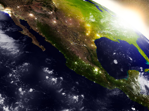 Mexico region from Earth's orbit in space during sunrise. 3D illustration with highly detailed realistic planet surface. 3D model of planet created and rendered in Cheetah3D software, 8 Mar 2017. Some layers of planet surface use textures furnished by NASA, Blue Marble collection: http://visibleearth.nasa.gov/view_cat.php?categoryID=1484