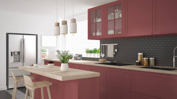 istock Scandinavian classic kitchen with wooden and red details, minimalistic interior design 652895998