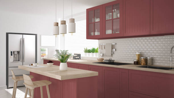 istock Scandinavian classic kitchen with wooden and red details, minimalistic interior design 652896064