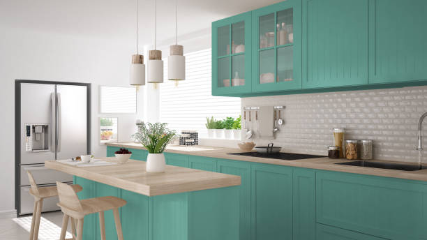 istock Scandinavian classic kitchen with wooden and turquoise details, minimalistic interior design 652896648