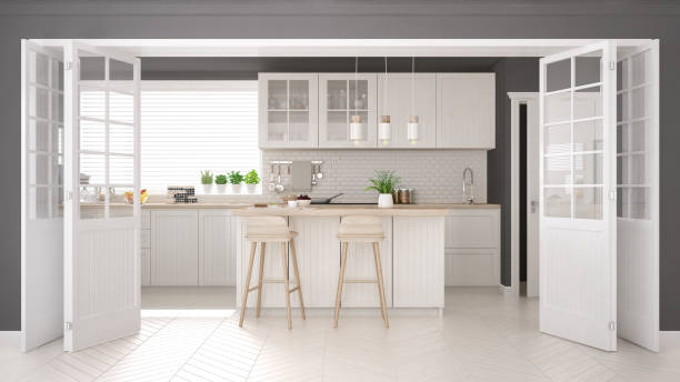 istock Scandinavian classic kitchen with wooden and white details, minimalistic interior design 652899644
