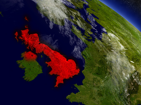 United Kingdom highlighted in red as seen from Earth's orbit in space. 3D illustration with highly detailed planet surface. 3D model of planet created and rendered in Cheetah3D software, 9 Mar 2017. Some layers of planet surface use textures furnished by NASA, Blue Marble collection: http://visibleearth.nasa.gov/view_cat.php?categoryID=1484