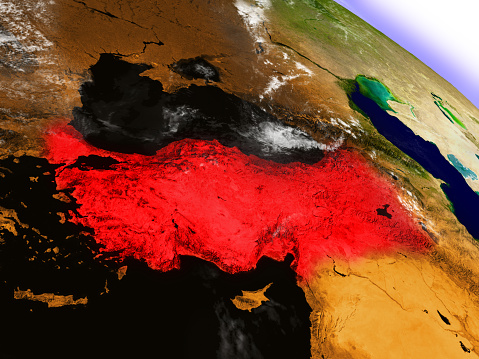Turkey highlighted in red as seen from Earth's orbit in space. 3D illustration with highly detailed planet surface. 3D model of planet created and rendered in Cheetah3D software, 9 Mar 2017. Some layers of planet surface use textures furnished by NASA, Blue Marble collection: http://visibleearth.nasa.gov/view_cat.php?categoryID=1484