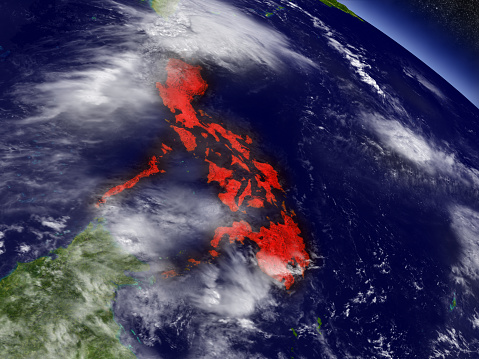 Philippines highlighted in red as seen from Earth's orbit in space. 3D illustration with highly detailed planet surface. 3D model of planet created and rendered in Cheetah3D software, 9 Mar 2017. Some layers of planet surface use textures furnished by NASA, Blue Marble collection: http://visibleearth.nasa.gov/view_cat.php?categoryID=1484