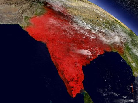 India highlighted in red as seen from Earth's orbit in space. 3D illustration with highly detailed planet surface. 3D model of planet created and rendered in Cheetah3D software, 9 Mar 2017. Some layers of planet surface use textures furnished by NASA, Blue Marble collection: http://visibleearth.nasa.gov/view_cat.php?categoryID=1484