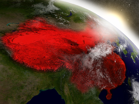 China highlighted in red as seen from Earth's orbit in space. 3D illustration with highly detailed planet surface. 3D model of planet created and rendered in Cheetah3D software, 9 Mar 2017. Some layers of planet surface use textures furnished by NASA, Blue Marble collection: http://visibleearth.nasa.gov/view_cat.php?categoryID=1484