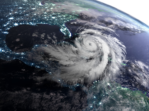 Satellite view of night over America with massive hurricane in Caribbean. 3D illustration. 3D model of planet created and rendered in Cheetah3D software, 9 Mar 2017. Some layers of planet surface use textures furnished by NASA, Blue Marble collection: http://visibleearth.nasa.gov/view_cat.php?categoryID=1484