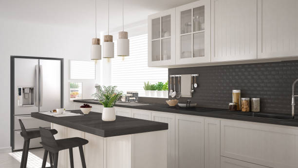istock Scandinavian classic kitchen with wooden and white details, minimalistic interior design 652900970