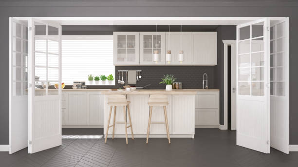 istock Scandinavian classic kitchen with wooden and white details, minimalistic interior design 652901316