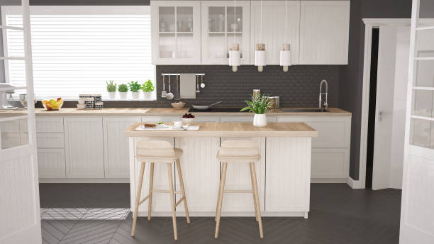 istock Scandinavian classic kitchen with wooden and white details, minimalistic interior design 652903610