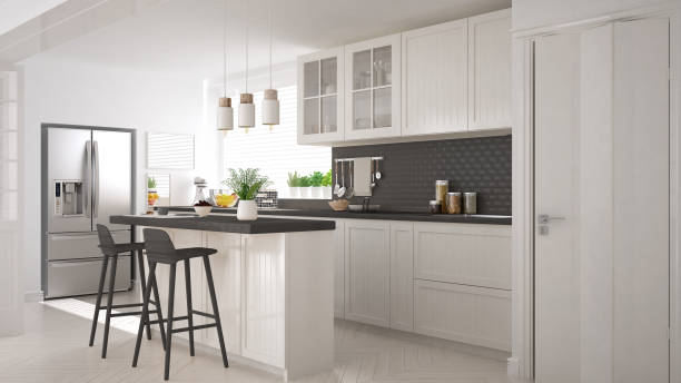 istock Scandinavian classic kitchen with wooden and white details, minimalistic interior design 652904004