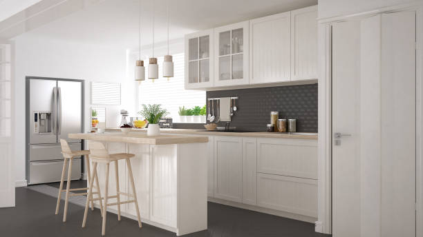 istock Scandinavian classic kitchen with wooden and white details, minimalistic interior design 652904058