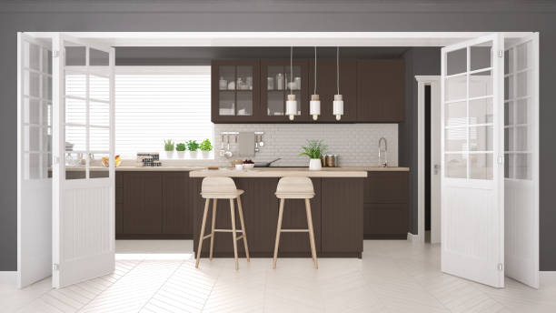 istock Scandinavian classic kitchen with wooden and brown details, minimalistic interior design 652904916