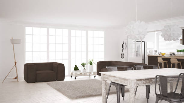istock Minimalist white and brown living and kitchen, scandinavian classic interior design 652905300