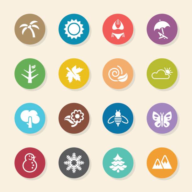 ilustraciones, imágenes clip art, dibujos animados e iconos de stock de four seasons icons set 1-color círculo serie - four seasons cloud autumn plant