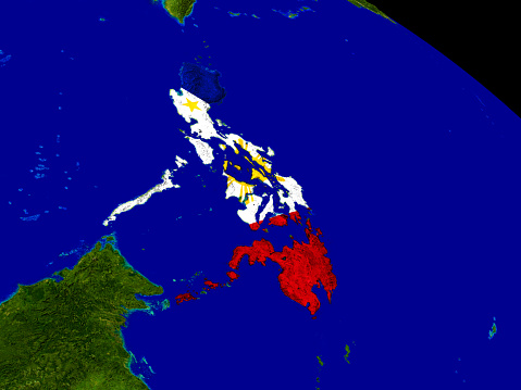 Map of Philippines with embedded flag on planet surface. 3D illustration. 3D model of planet created and rendered in Cheetah3D software, 9 Mar 2017. Some layers of planet surface use textures furnished by NASA, Blue Marble collection: http://visibleearth.nasa.gov/view_cat.php?categoryID=1484