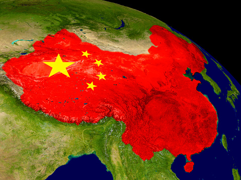 Map of China with embedded flag on planet surface. 3D illustration. 3D model of planet created and rendered in Cheetah3D software, 9 Mar 2017. Some layers of planet surface use textures furnished by NASA, Blue Marble collection: http://visibleearth.nasa.gov/view_cat.php?categoryID=1484